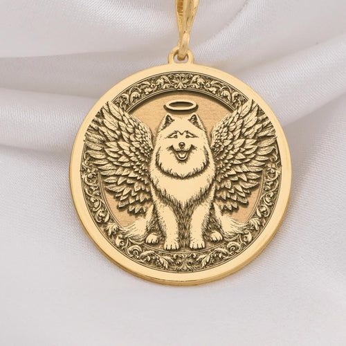 14K Solid Gold Samoyed Angel Dog Medallion featuring beloved arctic breed with heavenly wings and halo. Detailed memorial talisman with fluffy white coat, smiling expression and ornate decorative border. Luxury Samoyed memorial jewelry gift.