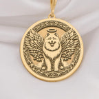 14K Solid Gold Samoyed Angel Dog Medallion featuring beloved arctic breed with heavenly wings and halo. Detailed memorial talisman with fluffy white coat, smiling expression and ornate decorative border. Luxury Samoyed memorial jewelry gift.