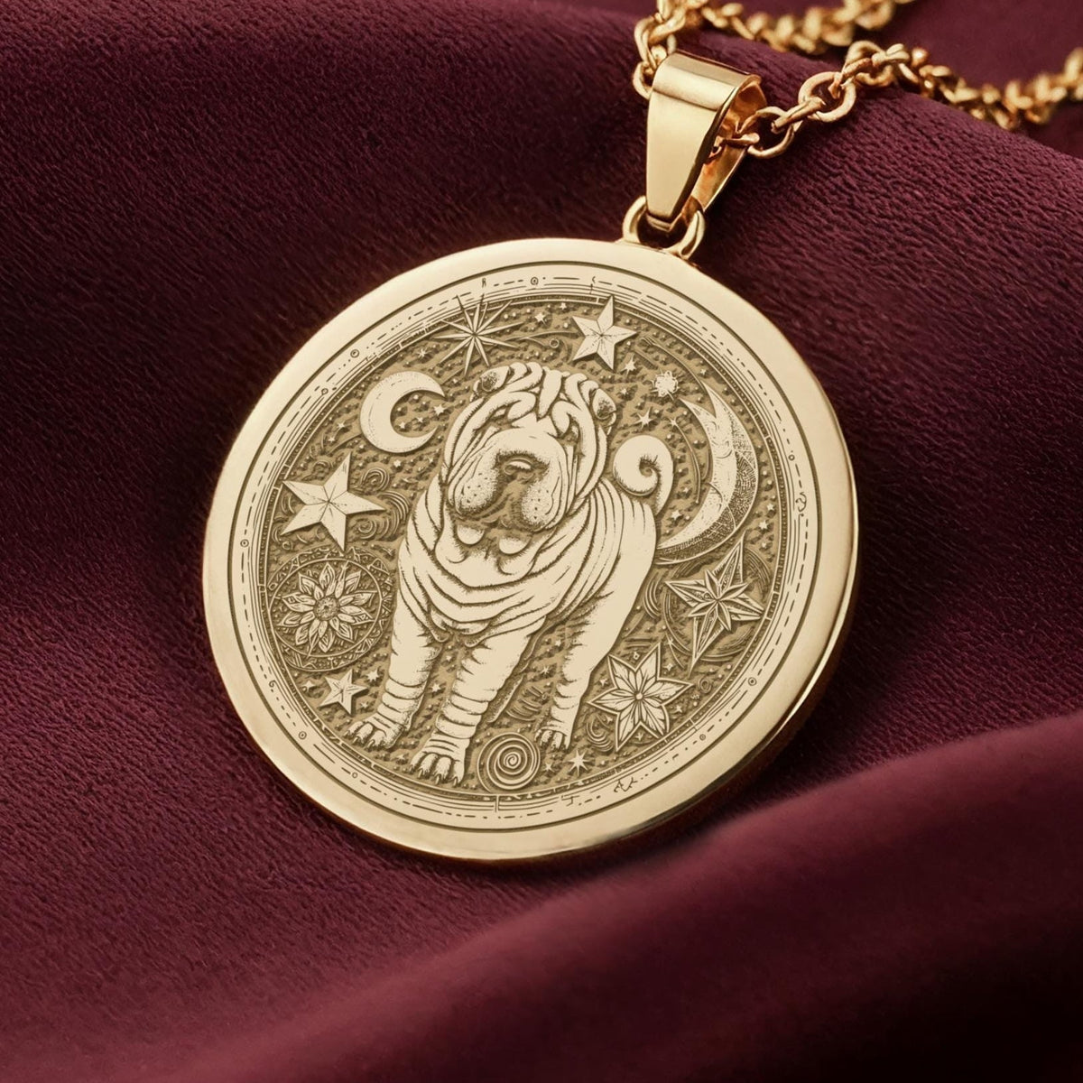 14K Solid Gold Celestial Shar Pei Medallion featuring beloved Chinese breed with distinctive wrinkled features surrounded by moon, stars and cosmic elements. Detailed celestial talisman. Luxury Shar Pei jewelry representing mystical protection and wisdom.