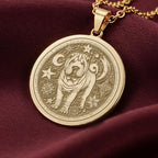14K Solid Gold Celestial Shar Pei Medallion featuring beloved Chinese breed with distinctive wrinkled features surrounded by moon, stars and cosmic elements. Detailed celestial talisman. Luxury Shar Pei jewelry representing mystical protection and wisdom.