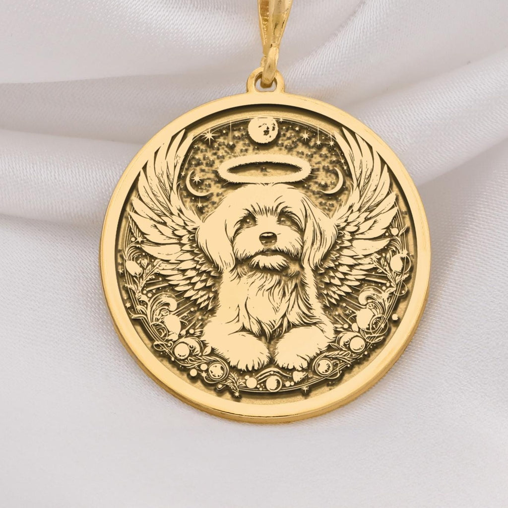 14K Solid Gold Maltese Angel Dog Medallion featuring beloved small breed with heavenly wings and halo. memorial talisman with fluffy white coat, celestial clouds and peaceful expression. Maltese memorial jewelry gift symbolizing eternal love.