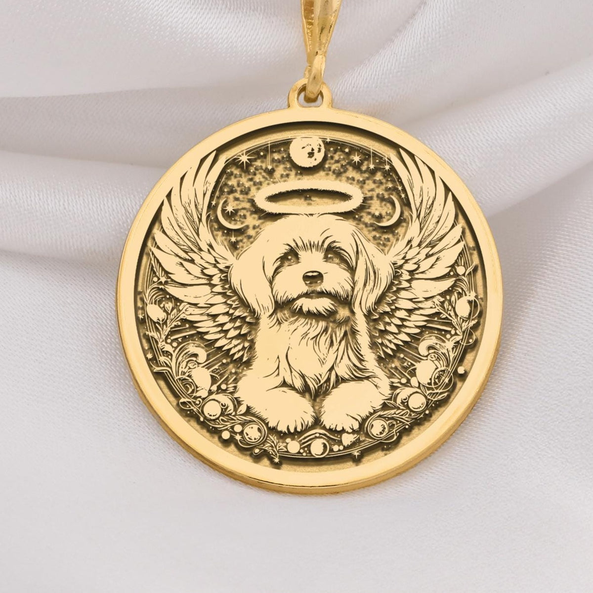 14K Solid Gold Maltese Angel Dog Medallion featuring beloved small breed with heavenly wings and halo. memorial talisman with fluffy white coat, celestial clouds and peaceful expression. Maltese memorial jewelry gift symbolizing eternal love.