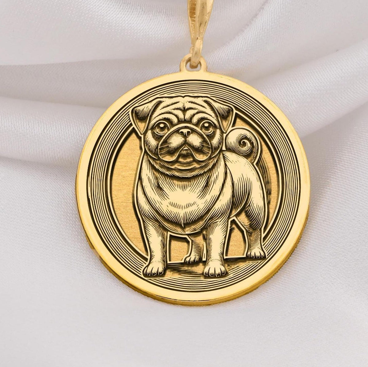 Elegant 14K Solid Gold Pug pendant, featuring a finely detailed dog medallion. A perfect pet lover’s charm, symbolizing playfulness, companionship, and love, making it a meaningful gold Pug necklace for dog enthusiasts.