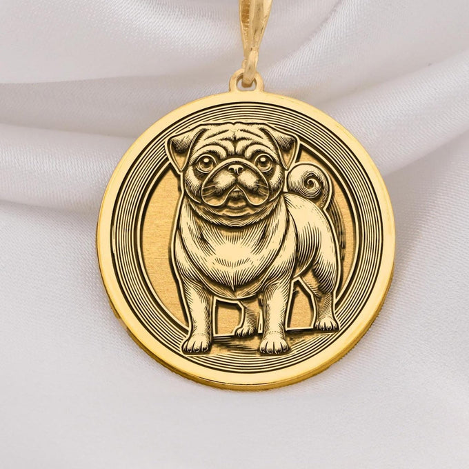Elegant 14K Solid Gold Pug pendant, featuring a finely detailed dog medallion. A perfect pet lover’s charm, symbolizing playfulness, companionship, and love, making it a meaningful gold Pug necklace for dog enthusiasts.