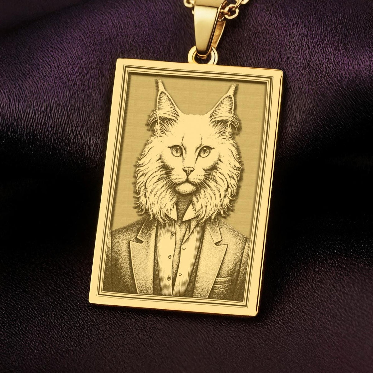 14K Solid Gold Turkish Angora necklace from The Ancestors Collection, featuring an engraved portrait of a dapper cat in a vintage suit on a dark purple background.