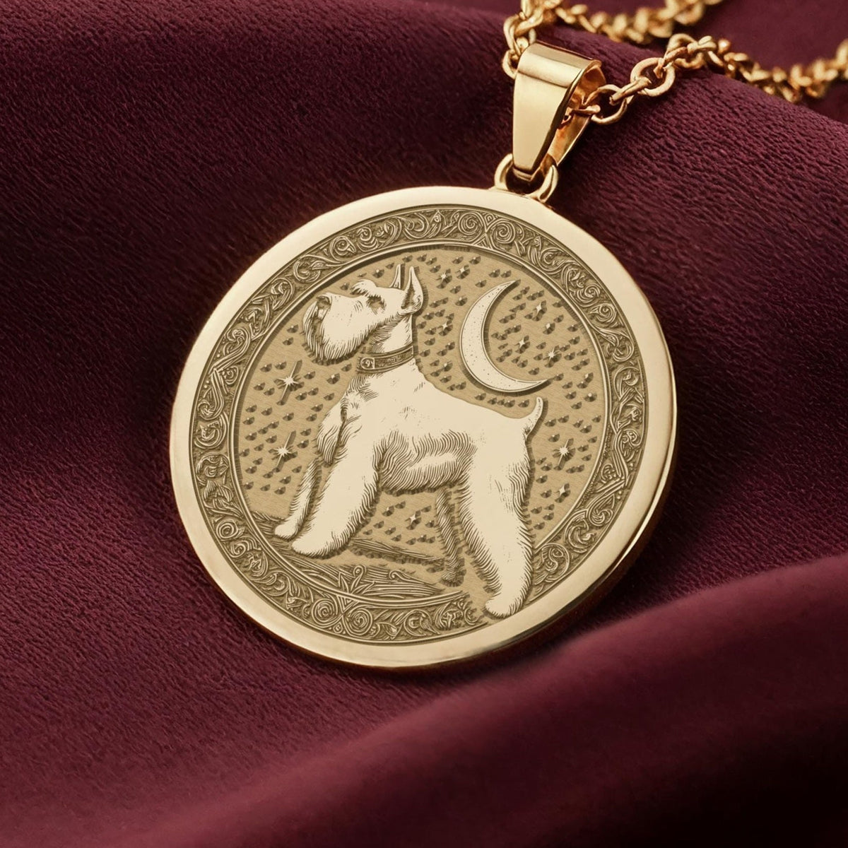 14K Solid Gold Schnauzer medallion featuring a detailed, side-profile engraving of a Schnauzer with its characteristic beard and alert ears. The coin-style pendant has an ornate, patterned border. High-quality dog breed jewelry for pet lovers.
