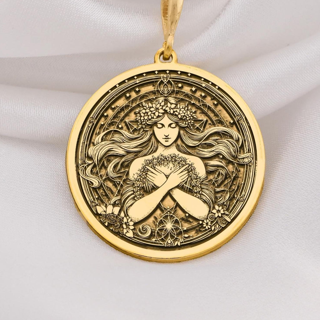 Harmonia Goddess Medallion Necklaces 14K 14K Gold Plated round pendant featuring a woman in a floral wreath design.