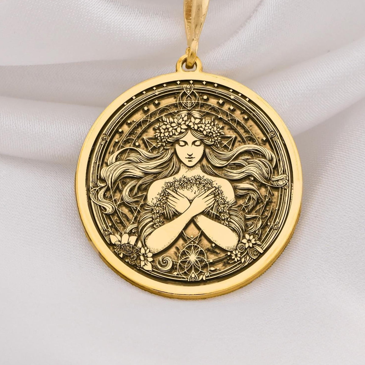 Harmonia Goddess Medallion Necklaces 14K 14K Gold Plated round pendant featuring a woman in a floral wreath design.