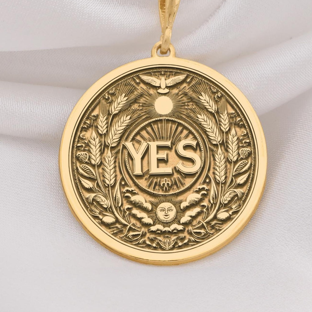 14K Solid Gold YES Medallion featuring powerful affirmation surrounded by wheat laurels and celestial motifs. Detailed empowerment talisman with sun, moon, bird and botanical symbols.Symbolizing positive decisions and abundant manifestation.