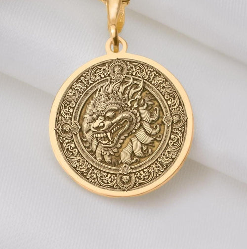 Gold Barong Ket Necklace, Sacred Balinese Guardian Lion Pendant for Protection and Spiritual Strength, Mythical Bali Jewelry Charm in Gold for Men and Women, Handcrafted Balinese Lion Amulet Necklace Gift for Him or He