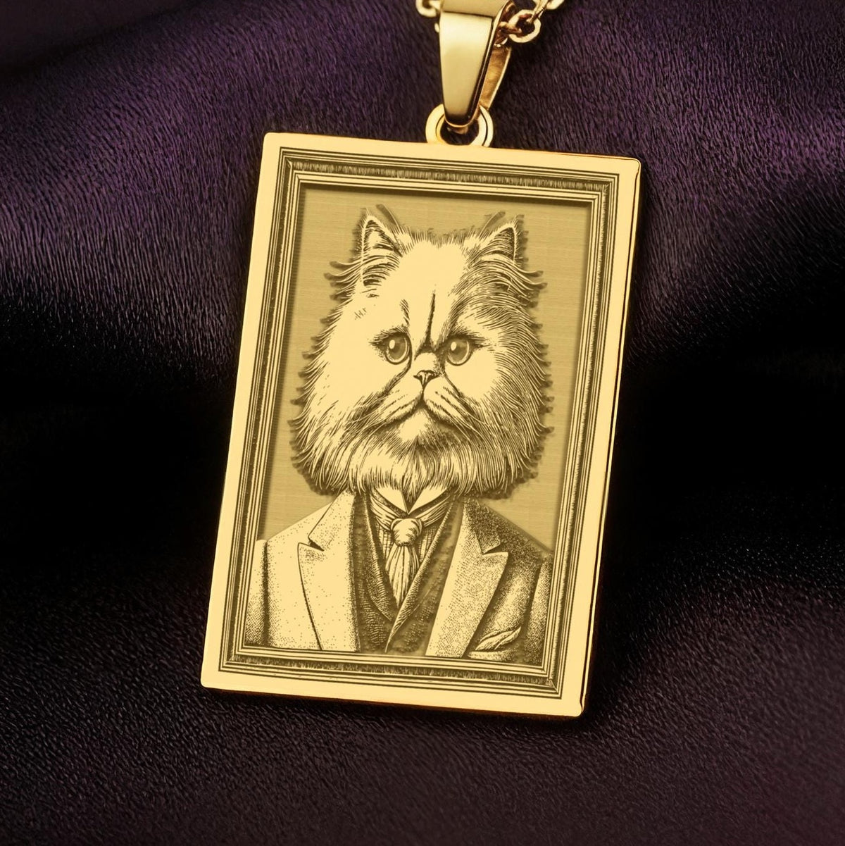 Product photo of a 14K Solid Gold Persian Cat necklace from the 'Victorian Pet Collection'. The engraved cat is portrayed as a distinguished gentleman with a noble expression.