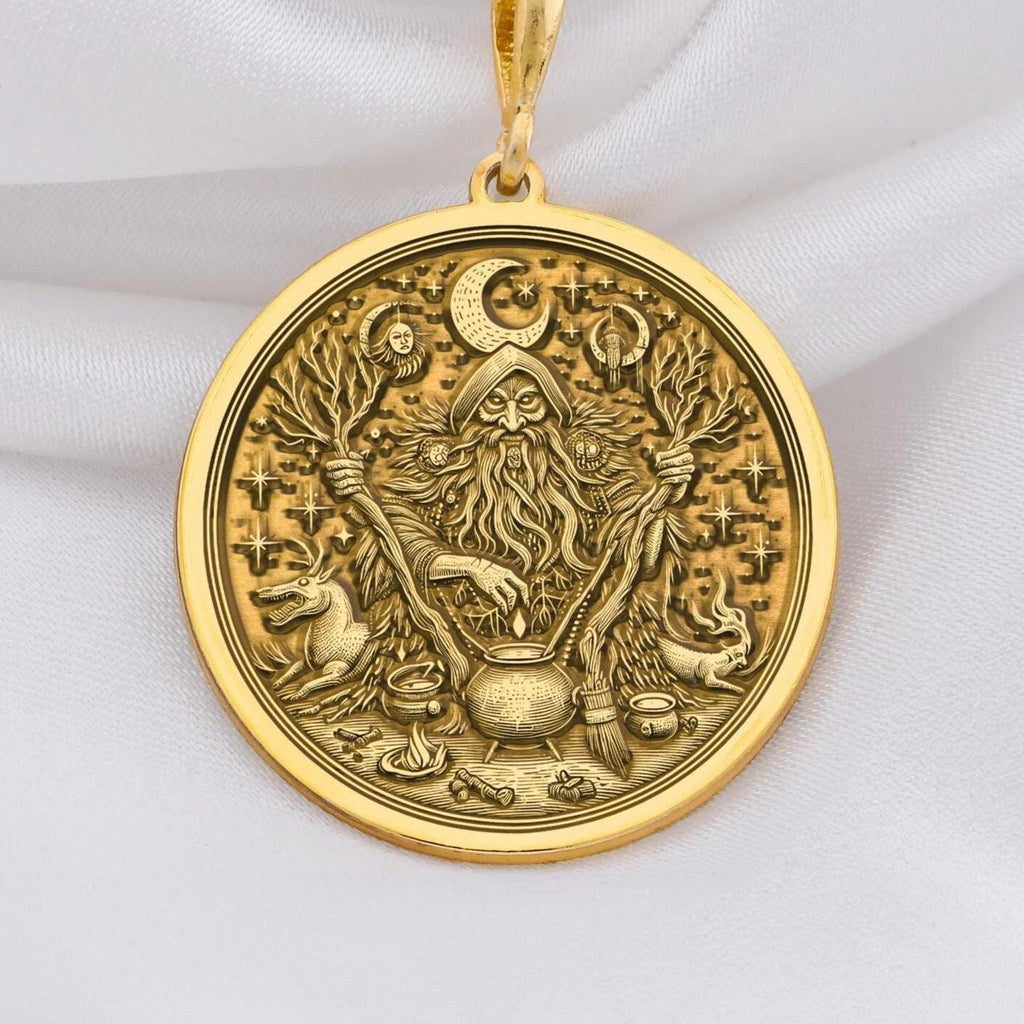 14K solid gold forest witch pendant, representing mystical power and ancient wisdom of nature. Handcrafted gold necklace perfect for those seeking strength and protection through a luxurious, enchanted design