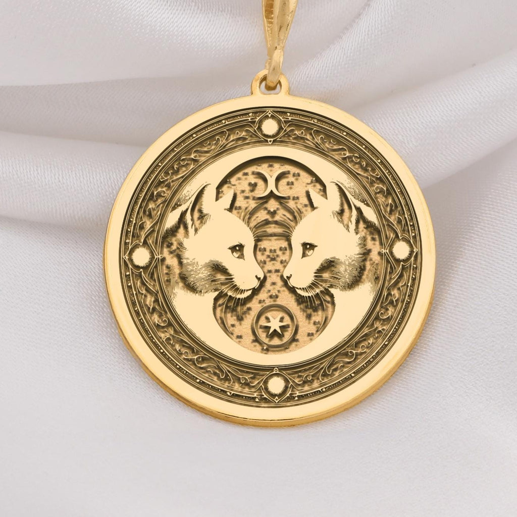 Gemini Twin Cats Zodiac Charm Necklaces 14K 14K Gold Plated pendant necklace featuring two stylized animal faces in an ornate circular design.