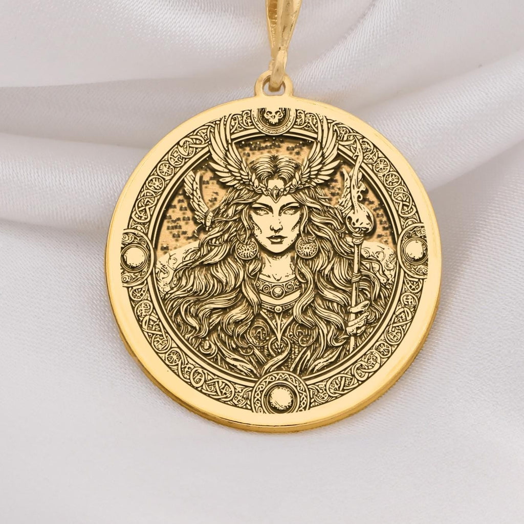 Freya Goddess Medallion Necklaces 14K 14K Gold Plated round pendant featuring a mythological female face design with ornate borders.