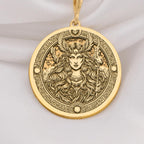 Freya Goddess Medallion Necklaces 14K 14K Gold Plated round pendant featuring a mythological female face design with ornate borders.