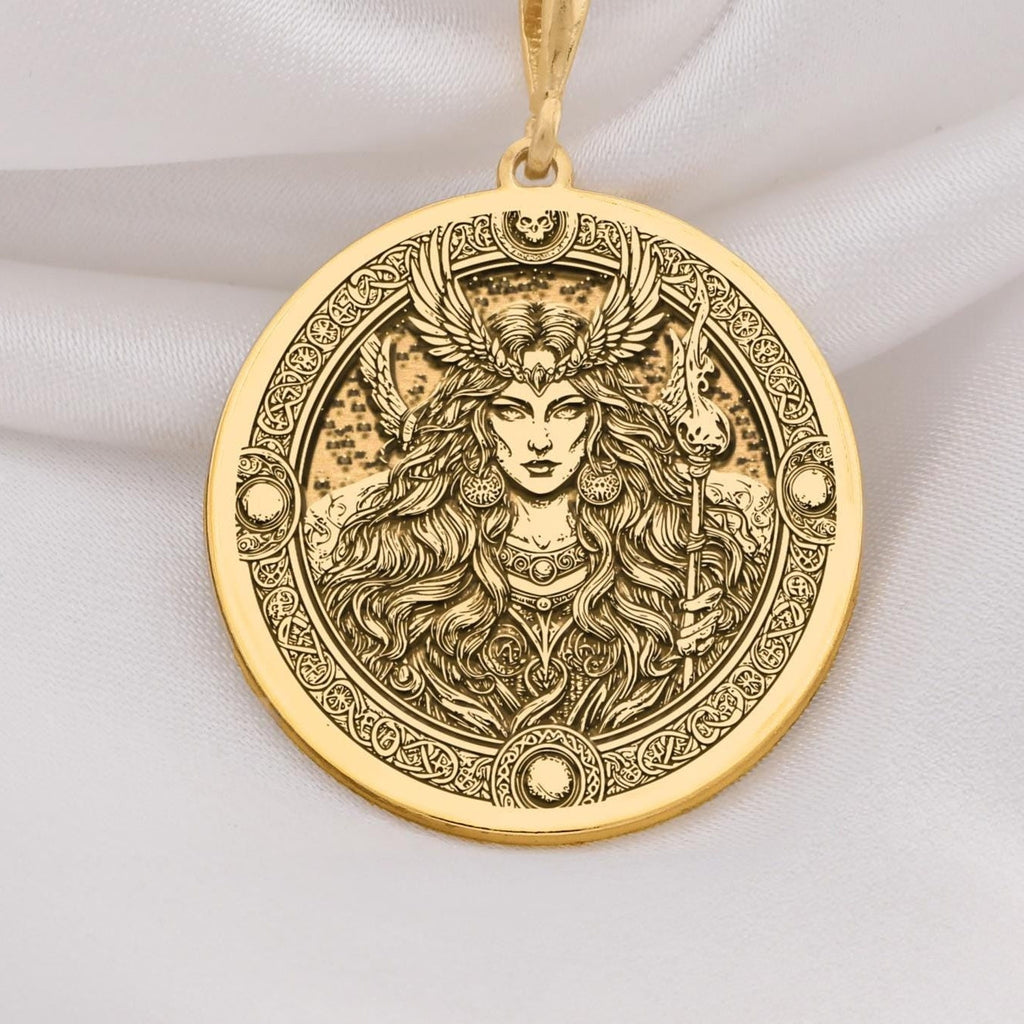 14K Solid Gold Freya Norse Goddess Medallion featuring powerful deity with winged headdress and flowing hair. Detailed Viking talisman with ornate Celtic knotwork border and mystical symbols. Luxury pagan jewelry gift symbolizing love,warrior spirit.