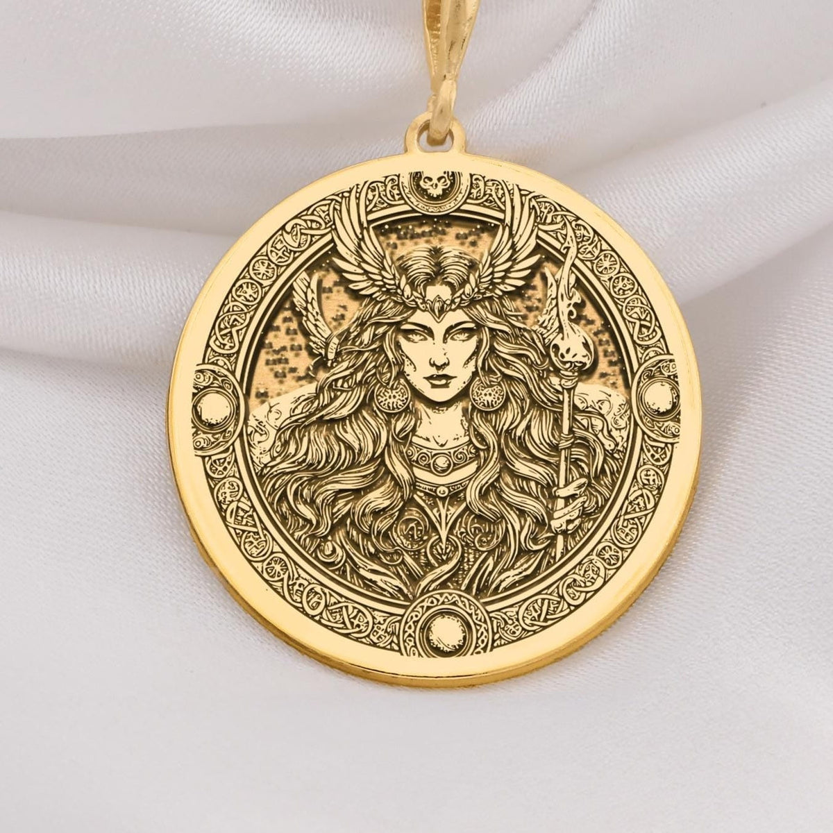 14K Solid Gold Freya Norse Goddess Medallion featuring powerful deity with winged headdress and flowing hair. Detailed Viking talisman with ornate Celtic knotwork border and mystical symbols. Luxury pagan jewelry gift symbolizing love,warrior spirit.