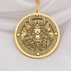 14K Solid Gold Freya Norse Goddess Medallion featuring powerful deity with winged headdress and flowing hair. Detailed Viking talisman with ornate Celtic knotwork border and mystical symbols. Luxury pagan jewelry gift symbolizing love,warrior spirit.