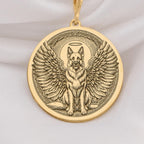 14K Solid Gold German Shepherd Angel Dog Medallion featuring beloved working breed with heavenly wings and halo. Detailed memorial talisman with noble expression, alert stance and ornate radiant border.