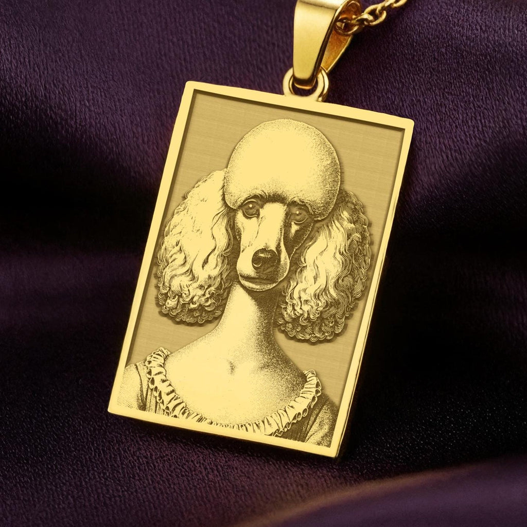 A rectangular 14K gold plated pendant necklace featuring a beautiful laser engraving of an elegant Poodle in a Victorian portrait style.