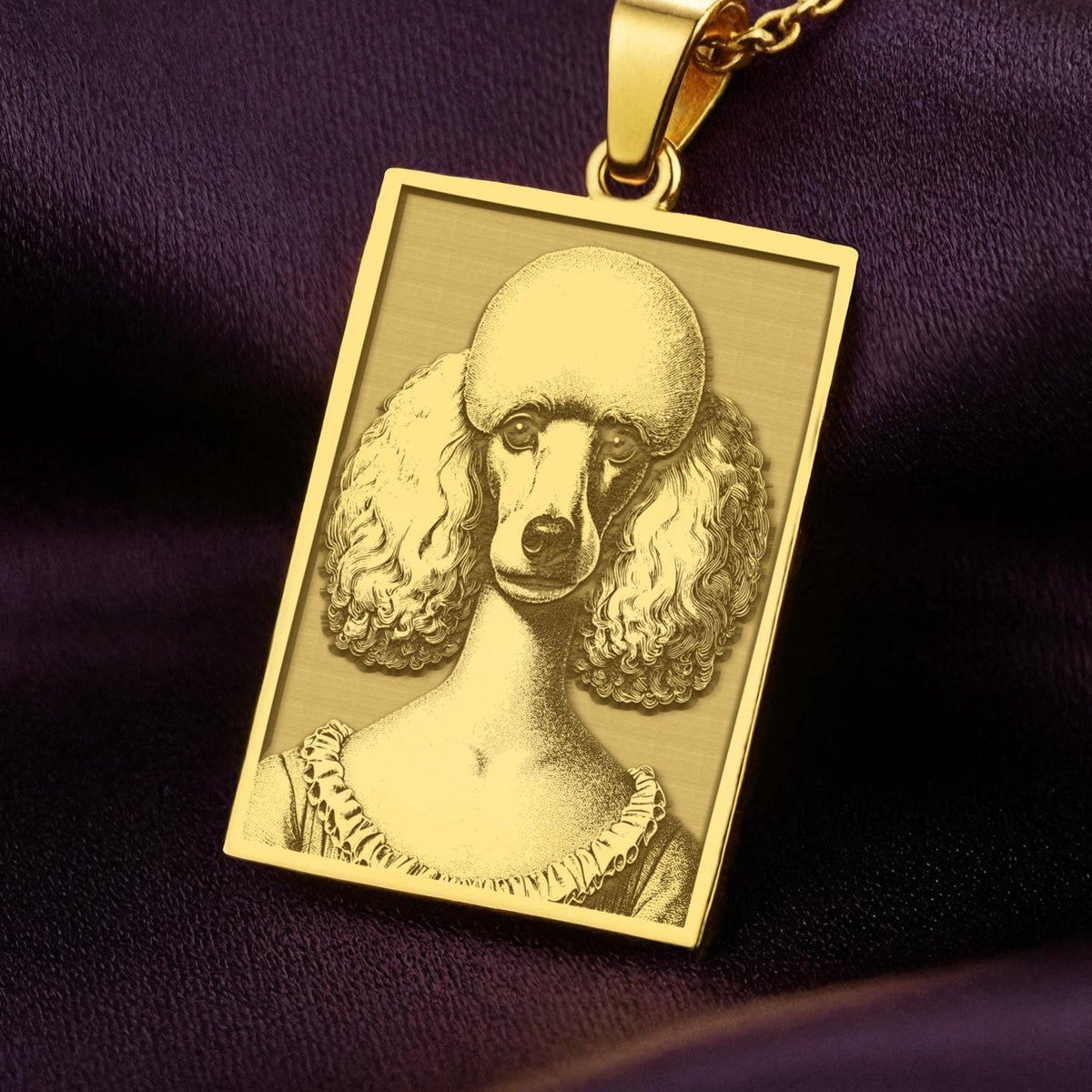A rectangular 14K gold plated pendant necklace featuring a beautiful laser engraving of an elegant Poodle in a Victorian portrait style.