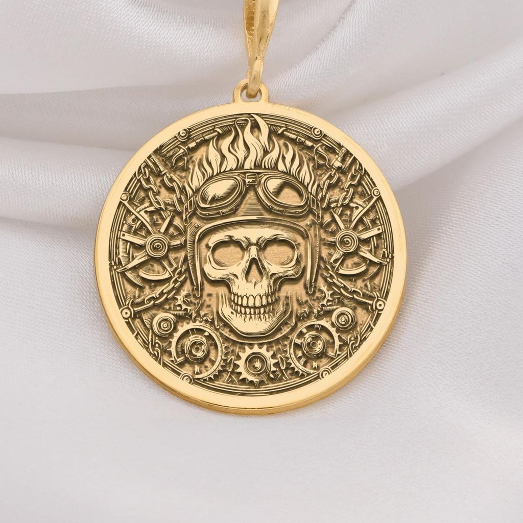 14K Solid Gold Biker Skull Medallion featuring aviator helmet and mechanical gears. Detailed alternative talisman with goggles, industrial elements and edgy design. Luxury statement jewelry gift symbolizing rebellious spirit and fearless adventure.