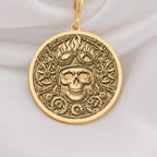 14K Solid Gold Biker Skull Medallion featuring aviator helmet and mechanical gears. Detailed alternative talisman with goggles, industrial elements and edgy design. Luxury statement jewelry gift symbolizing rebellious spirit and fearless adventure.