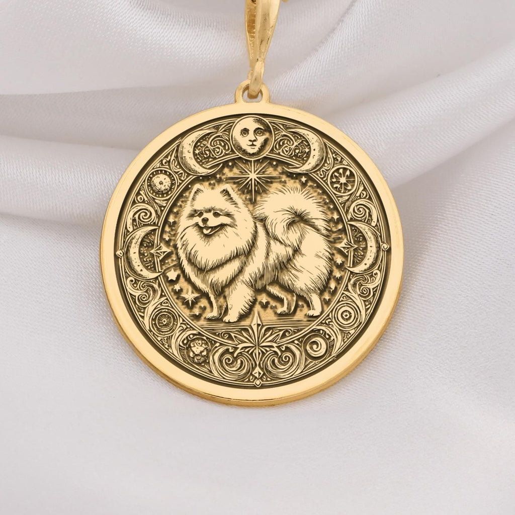 Elegant 14K Solid Gold Pomeranian necklace featuring a fluffy dog with celestial engravings. Ideal gift for dog lovers and pet owners cherishing their loyal furry companion.