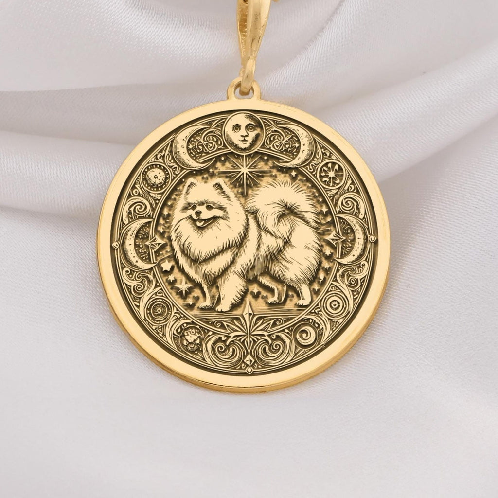Elegant 14K Solid Gold Pomeranian necklace featuring a fluffy dog with celestial engravings. Ideal gift for dog lovers and pet owners cherishing their loyal furry companion.