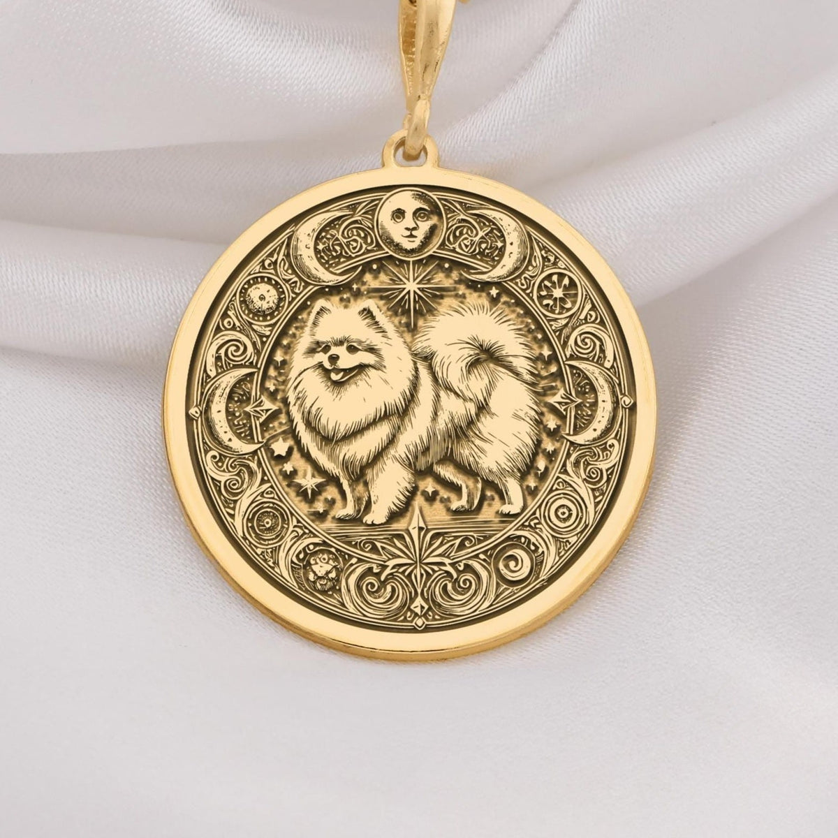 Elegant 14K Solid Gold Pomeranian necklace featuring a fluffy dog with celestial engravings. Ideal gift for dog lovers and pet owners cherishing their loyal furry companion.