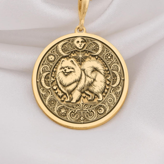 Elegant 14K Solid Gold Pomeranian necklace featuring a fluffy dog with celestial engravings. Ideal gift for dog lovers and pet owners cherishing their loyal furry companion.