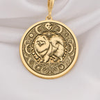 Elegant 14K Solid Gold Pomeranian necklace featuring a fluffy dog with celestial engravings. Ideal gift for dog lovers and pet owners cherishing their loyal furry companion.