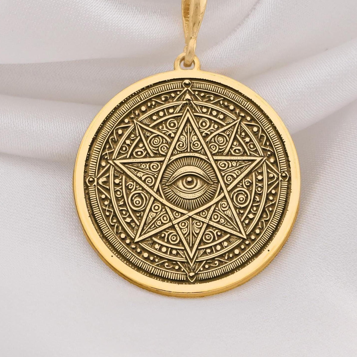 14k gold eye necklace with a star motif, featuring a detailed geometric design and all seeing eye symbol, perfect for spiritual protection and as a meaningful gift for men and women.
