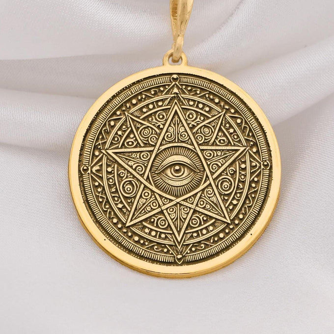 14k gold eye necklace with a star motif, featuring a detailed geometric design and all seeing eye symbol, perfect for spiritual protection and as a meaningful gift for men and women.
