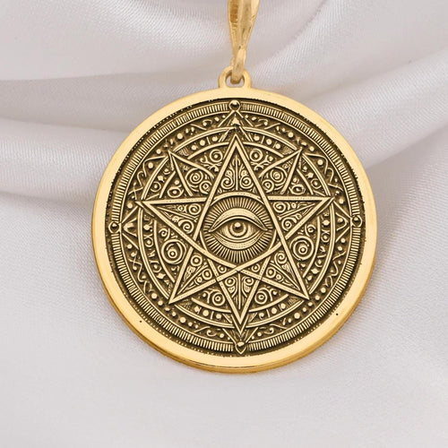 14k gold eye necklace with a star motif, featuring a detailed geometric design and all seeing eye symbol, perfect for spiritual protection and as a meaningful gift for men and women.
