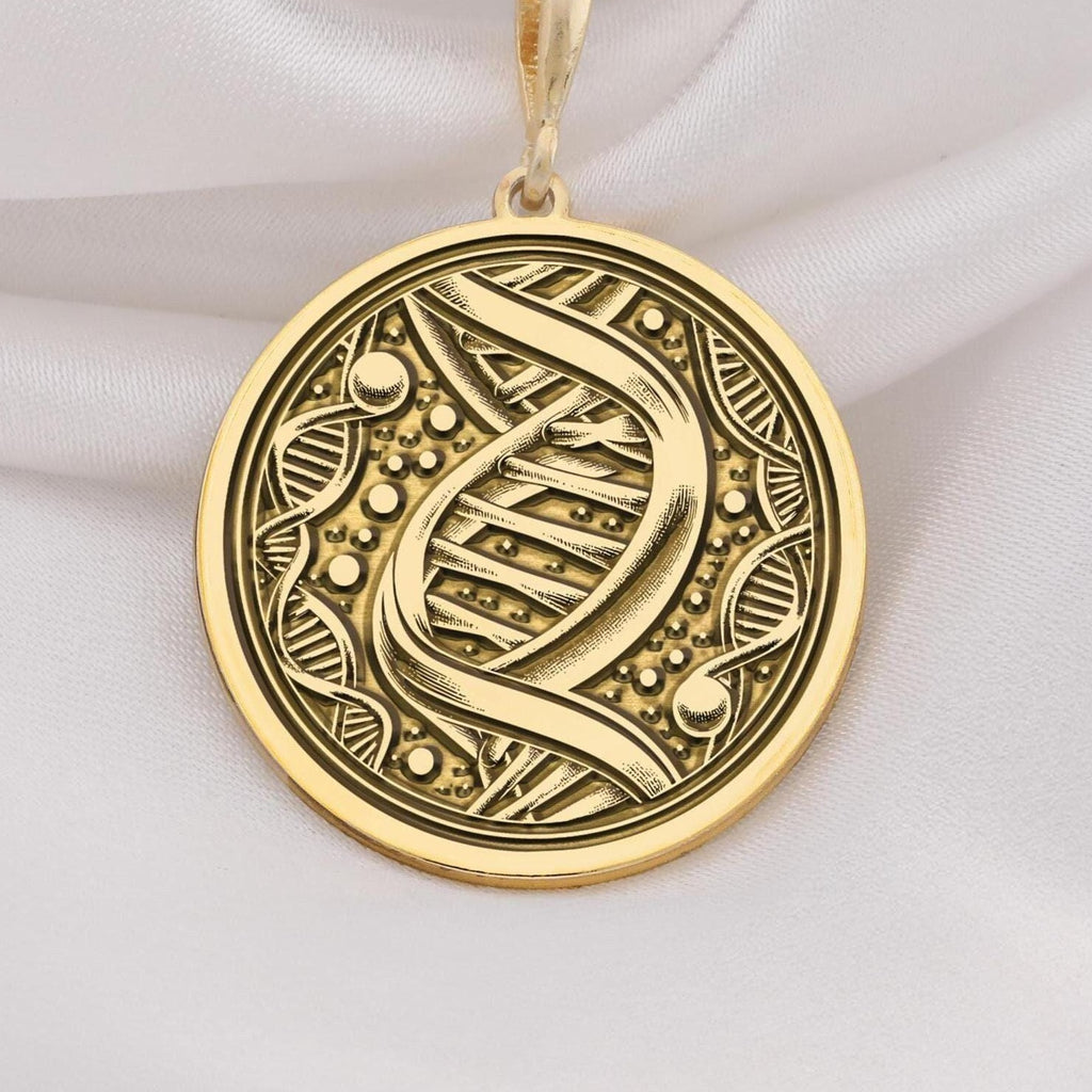 DNA Double Helix Science Pendant Necklaces 14K 14K Gold Plated pendant necklace featuring an abstract swirling line design on a round disc.