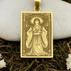 An heirloom-quality 14K solid gold rectangular pendant engraved with the powerful sun goddess, Amaterasu. This fine jewelry piece, a symbol of light and harmony, is a sacred tribute to the divine feminine.