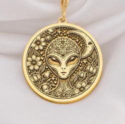 Mystical 14K gold alien pendant, featuring a detailed extraterrestrial medallion with floral cosmic engravings. A stunning sci-fi jewelry piece, perfect for space lovers, making it a unique gold cosmic charm.