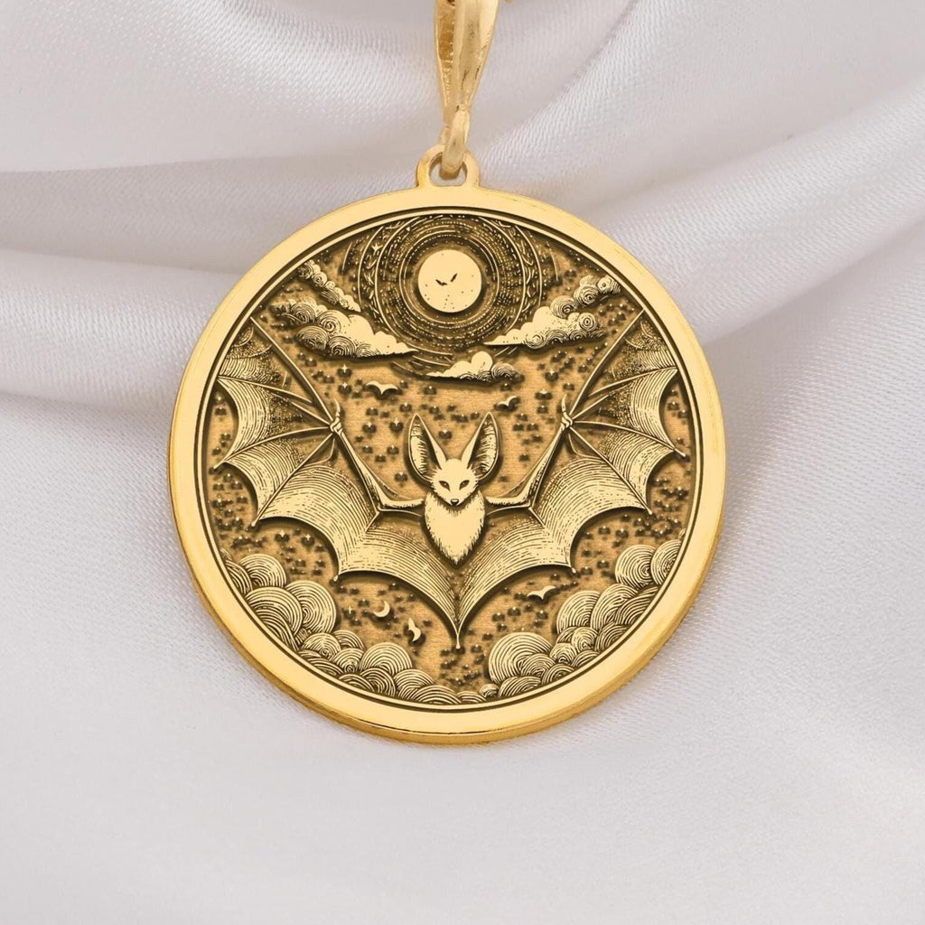 14K Solid Gold Bat Necklace . A luxurious 14K solid gold bat pendant, featuring a celestial design with a moon and bat, perfect for gothic jewelry lovers and nature enthusiasts.