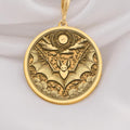 14K Solid Gold Bat Necklace . A luxurious 14K solid gold bat pendant, featuring a celestial design with a moon and bat, perfect for gothic jewelry lovers and nature enthusiasts.