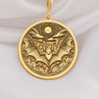 14K Solid Gold Bat Necklace . A luxurious 14K solid gold bat pendant, featuring a celestial design with a moon and bat, perfect for gothic jewelry lovers and nature enthusiasts.
