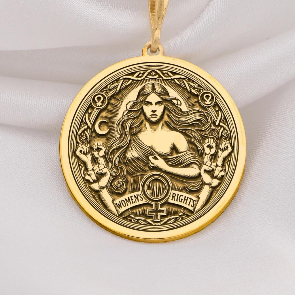 Elegant 14K Solid Gold Women’s Rights pendant, featuring a powerful feminist medallion with celestial details and an equality symbol. A stunning gold empowerment necklace, perfect for those who stand for gender equality and justice.