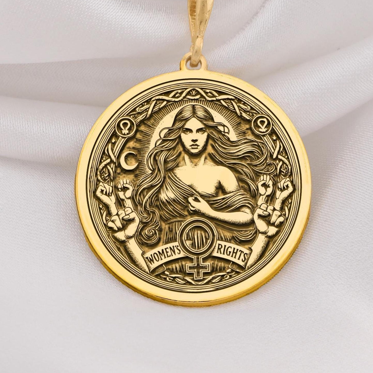 Elegant 14K Solid Gold Women’s Rights pendant, featuring a powerful feminist medallion with celestial details and an equality symbol. A stunning gold empowerment necklace, perfect for those who stand for gender equality and justice.