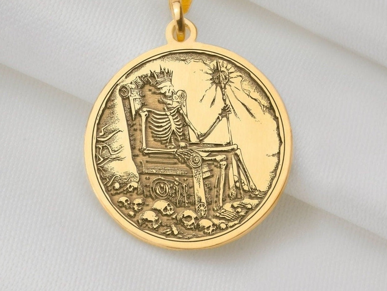Skeleton king Charm Necklace, Undead Silver Pendant, Rose Gold Throne Necklace, Royal Jewelry, Undead King Medallion, Throne Charm
