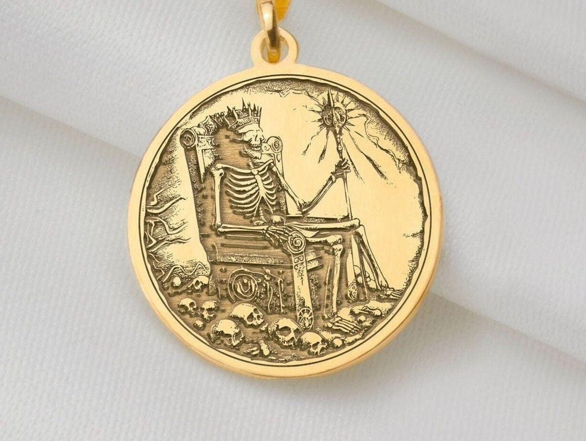 Skeleton king Charm Necklace, Undead Silver Pendant, Rose Gold Throne Necklace, Royal Jewelry, Undead King Medallion, Throne Charm