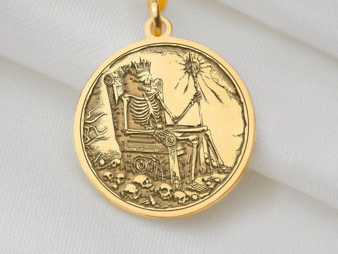 Skeleton king Charm Necklace, Undead Silver Pendant, Rose Gold Throne Necklace, Royal Jewelry, Undead King Medallion, Throne Charm