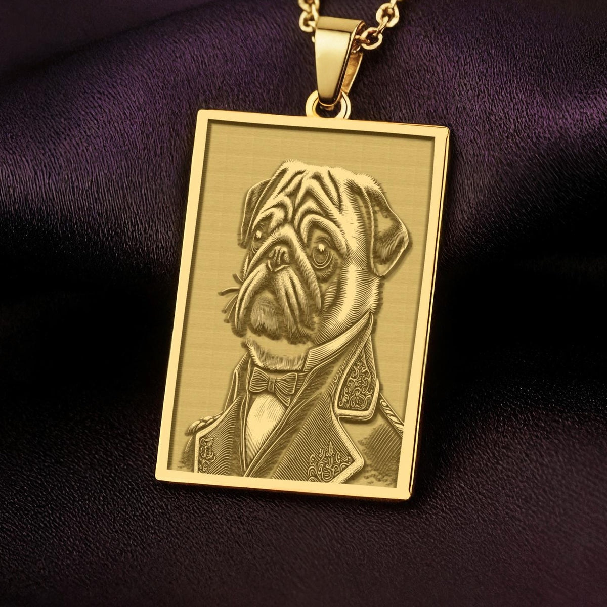 A rectangular 14K gold plated pendant necklace featuring a detailed laser engraving of a distinguished Pug dog in a Victorian suit.