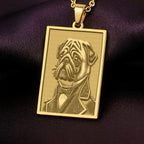 A rectangular 14K gold plated pendant necklace featuring a detailed laser engraving of a distinguished Pug dog in a Victorian suit.