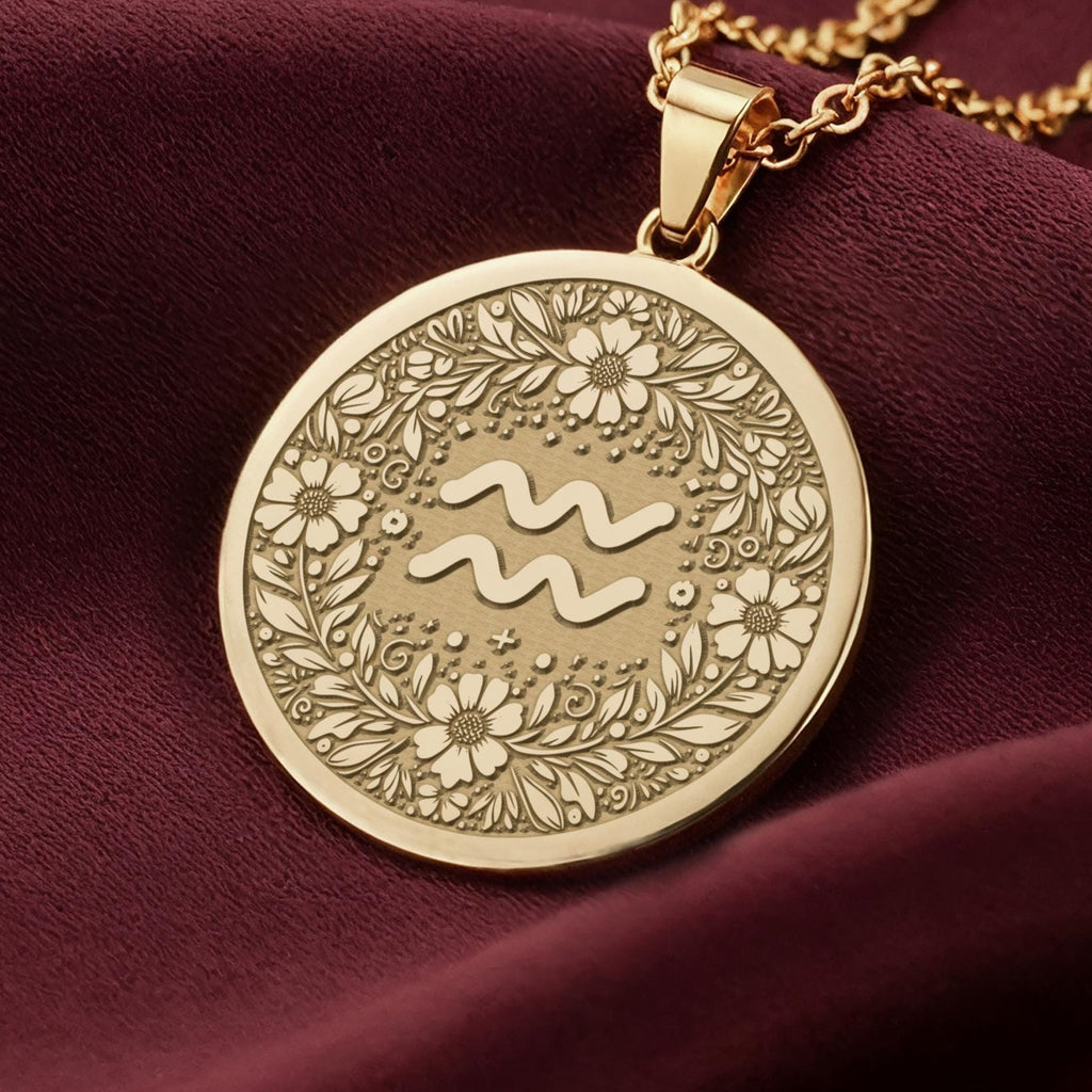 14K Solid Gold Aquarius Zodiac Medallion featuring water bearer symbol surrounded by intricate floral botanical patterns and decorative elements. Detailed astrology coin pendant with celestial symbolism. Luxury Aquarius jewelry representing cosmic wisdom and personal strength.
