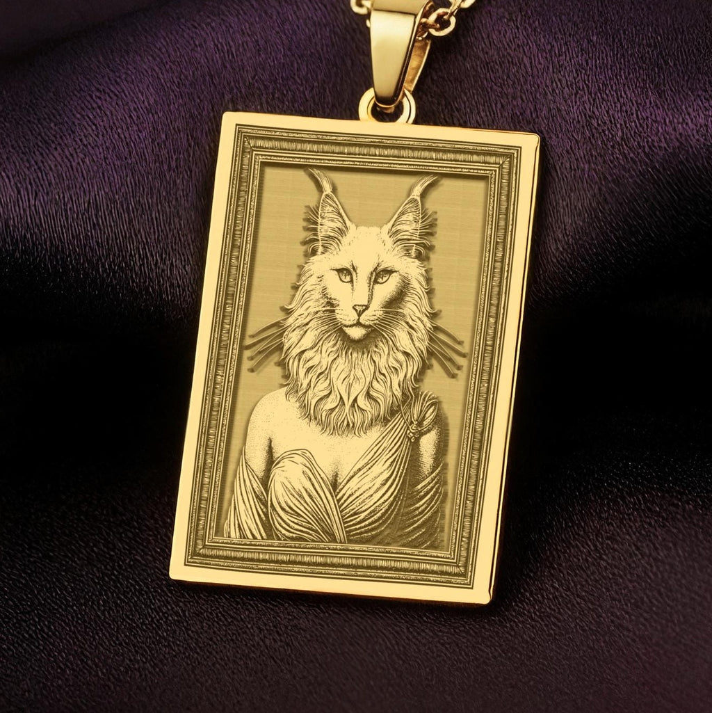 A handmade 14K gold plated rectangular necklace with a highly detailed engraving of a Turkish Angora cat woman. The anthropomorphic art shows the divine feline in elegant, regal attire.